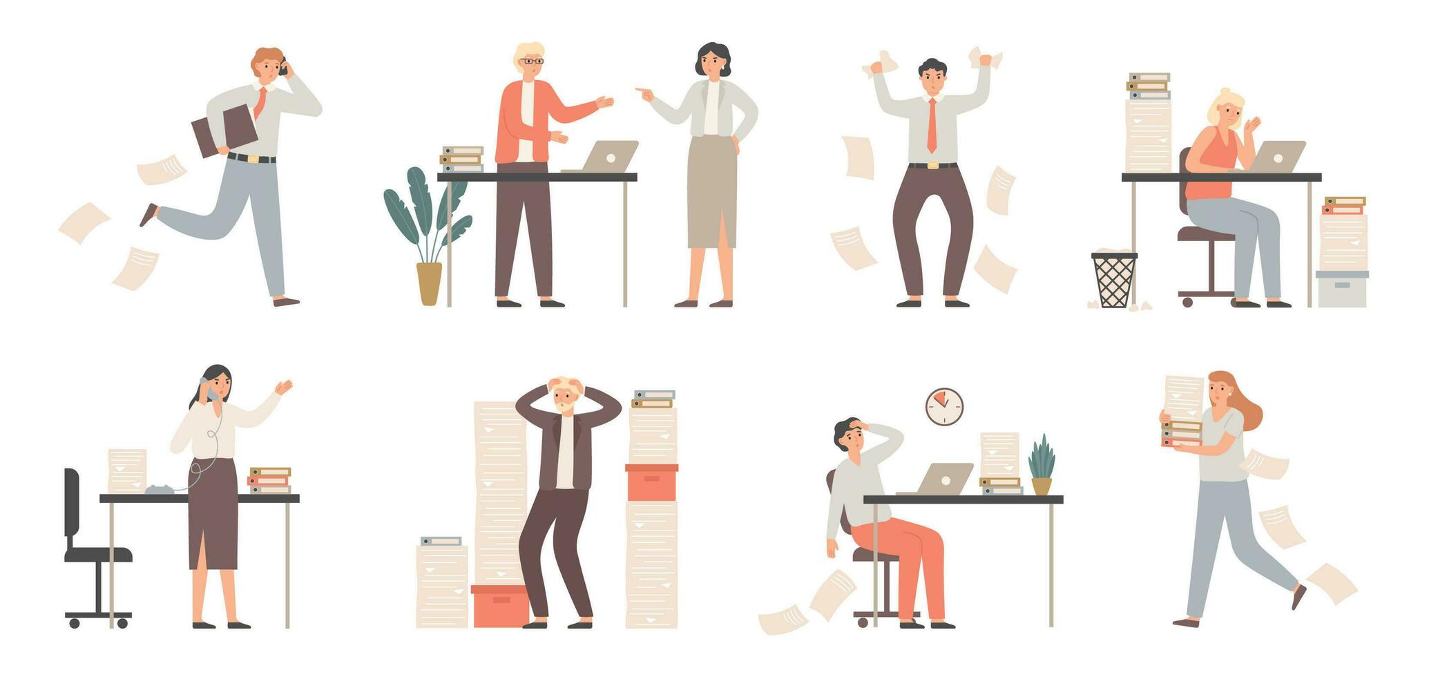 Stressed business people. Busy office workers, angry boss in panic and work chaos. Failure deadline stress vector illustration set
