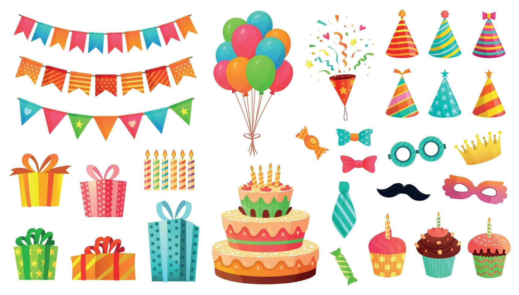 Cartoon birthday party decorations. Gifts presents, sweet cupcakes and celebration cake. Colorful balloons vector illustration set