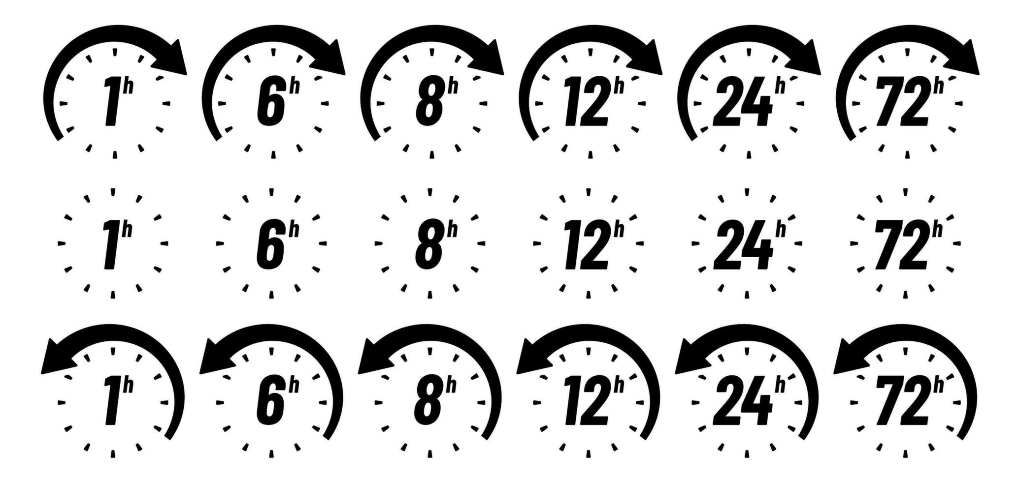 Hours time icon. One hour, 24h and 72h badges. Limited offer clocks and work time sign vector set