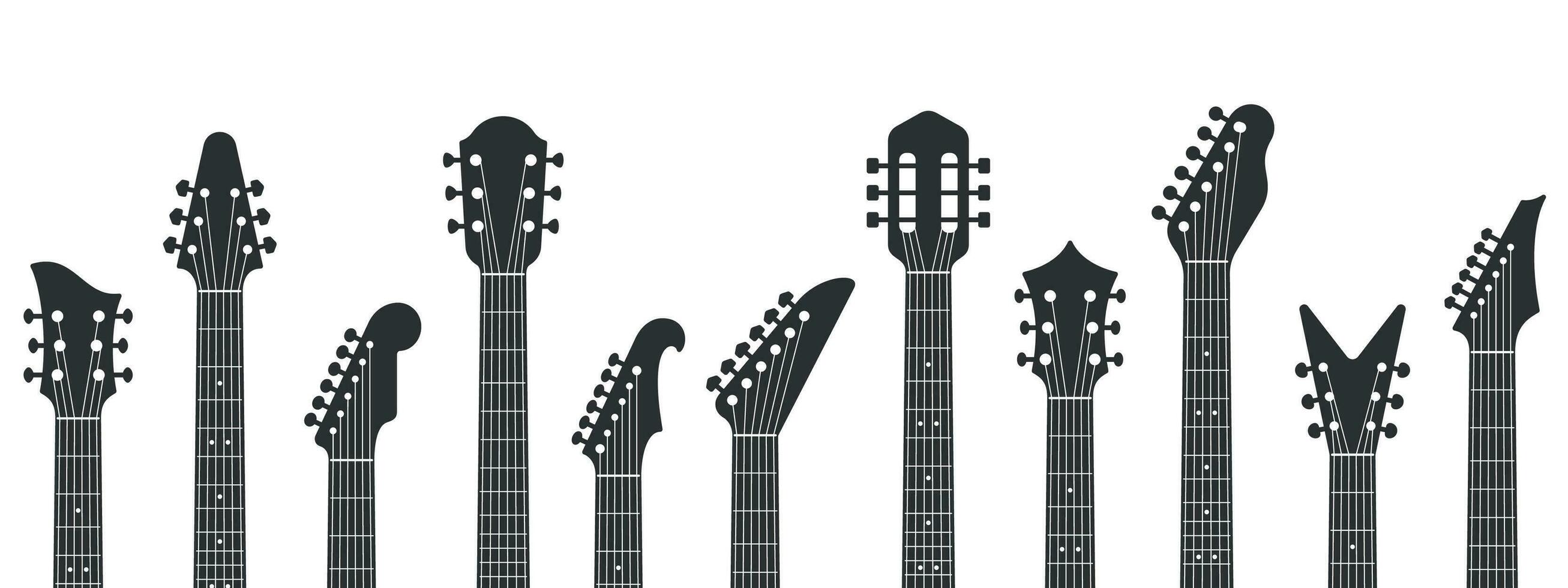 Guitar headstocks. Guitars necks, rock music and guitar peghead with tuning pegs vector illustration