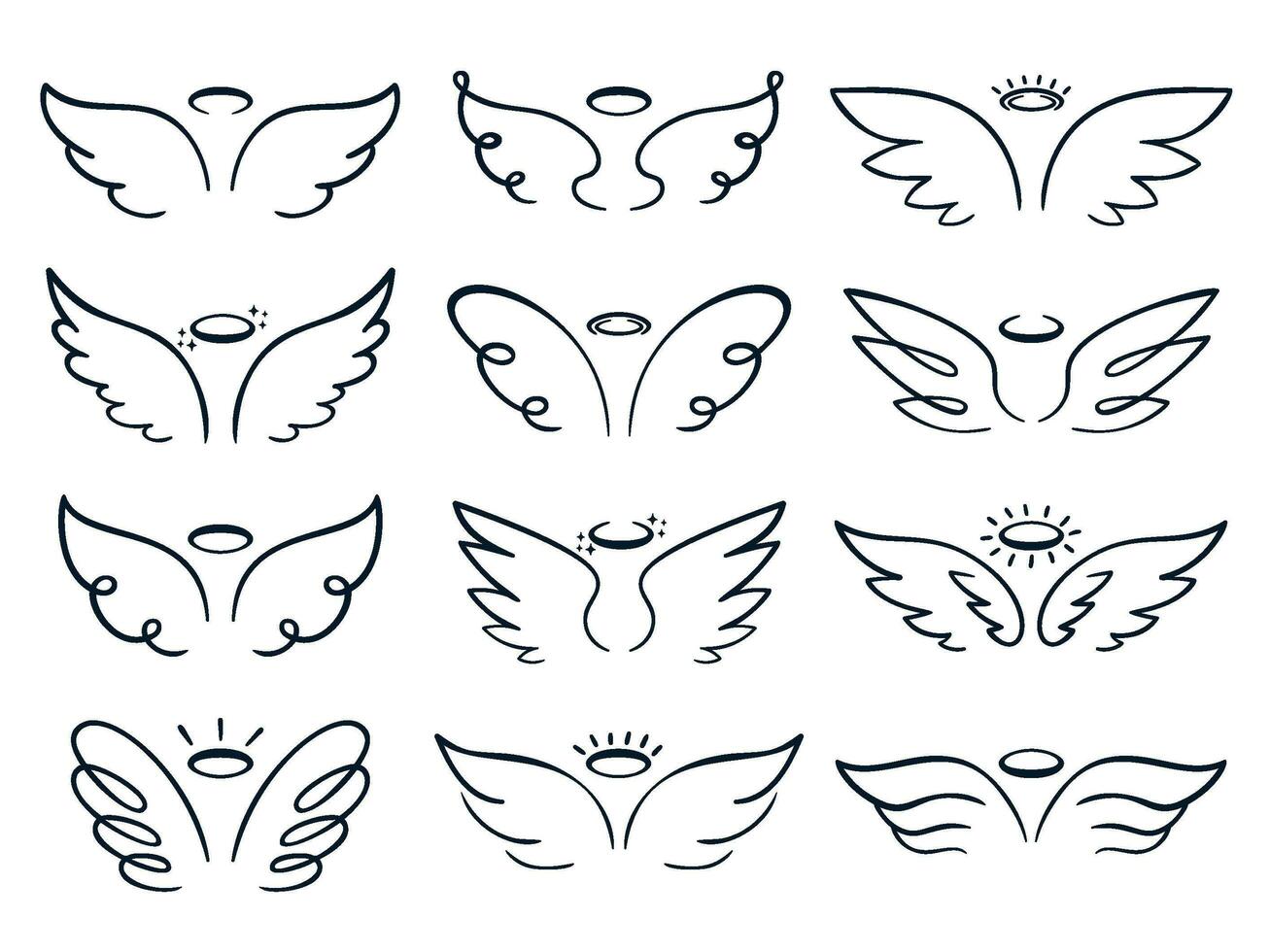 Cartoon sketch wing. Hand drawn angels wings spread, winged icon doodle vector illustration set