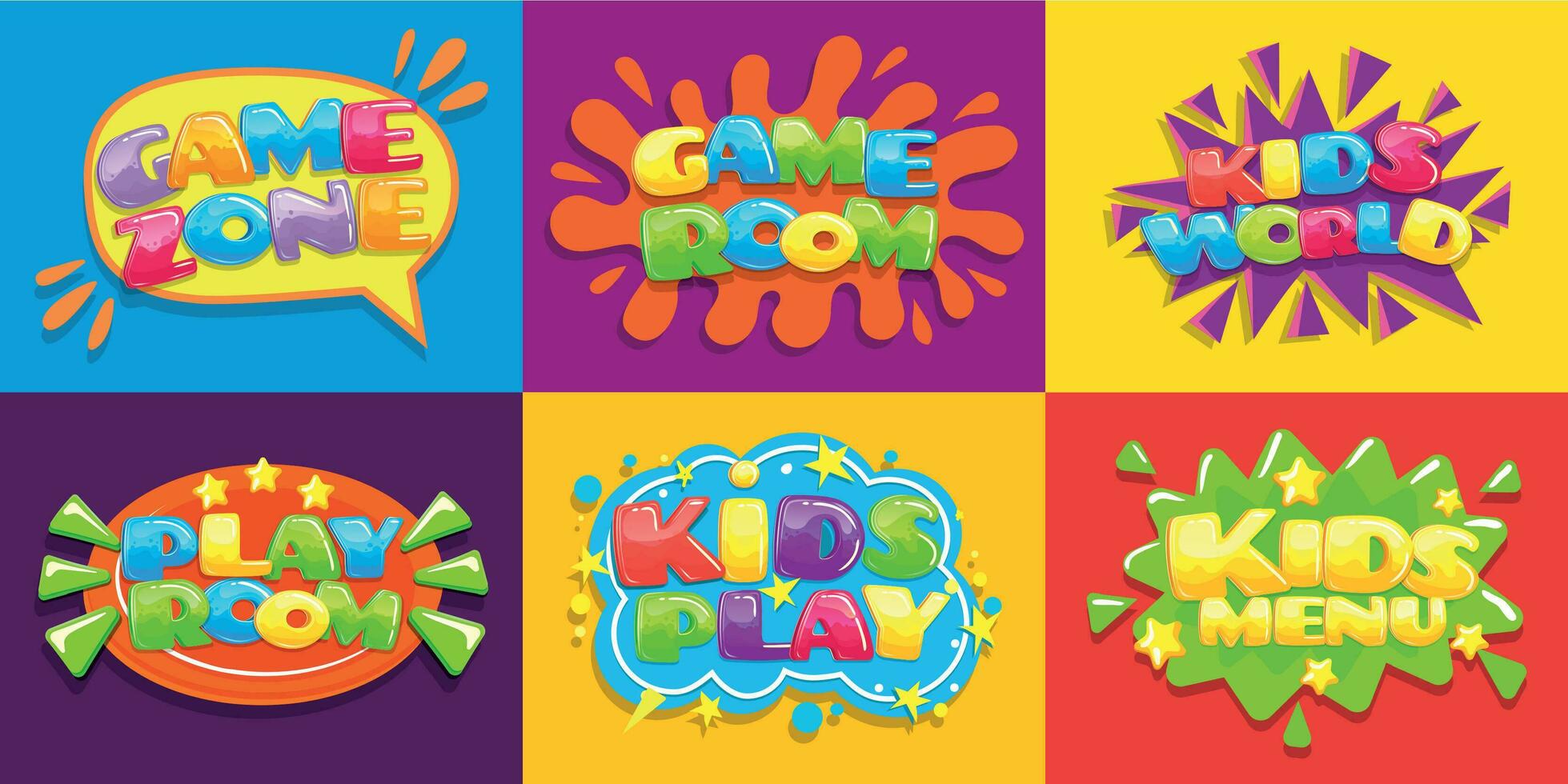 Game room posters. Fun kids playroom, games playing zone for young kid and kids menu vector illustration background