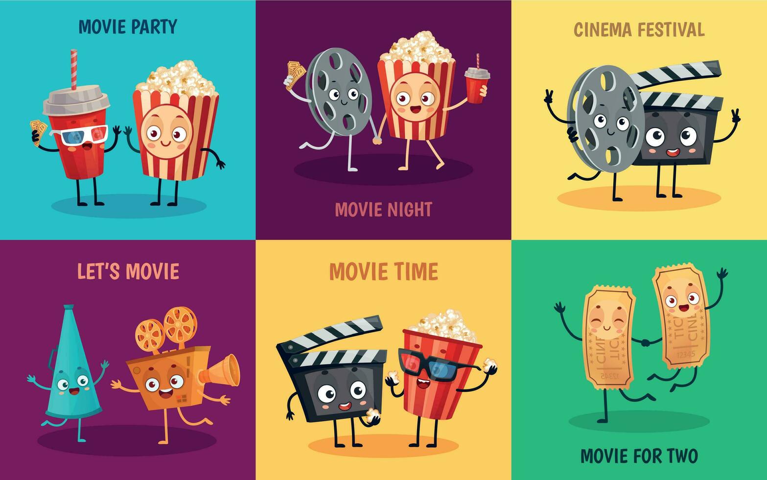 Cartoon cinema characters. Funny popcorn, cinema tickets and 3D movie glasses friends mascots vector illustration set