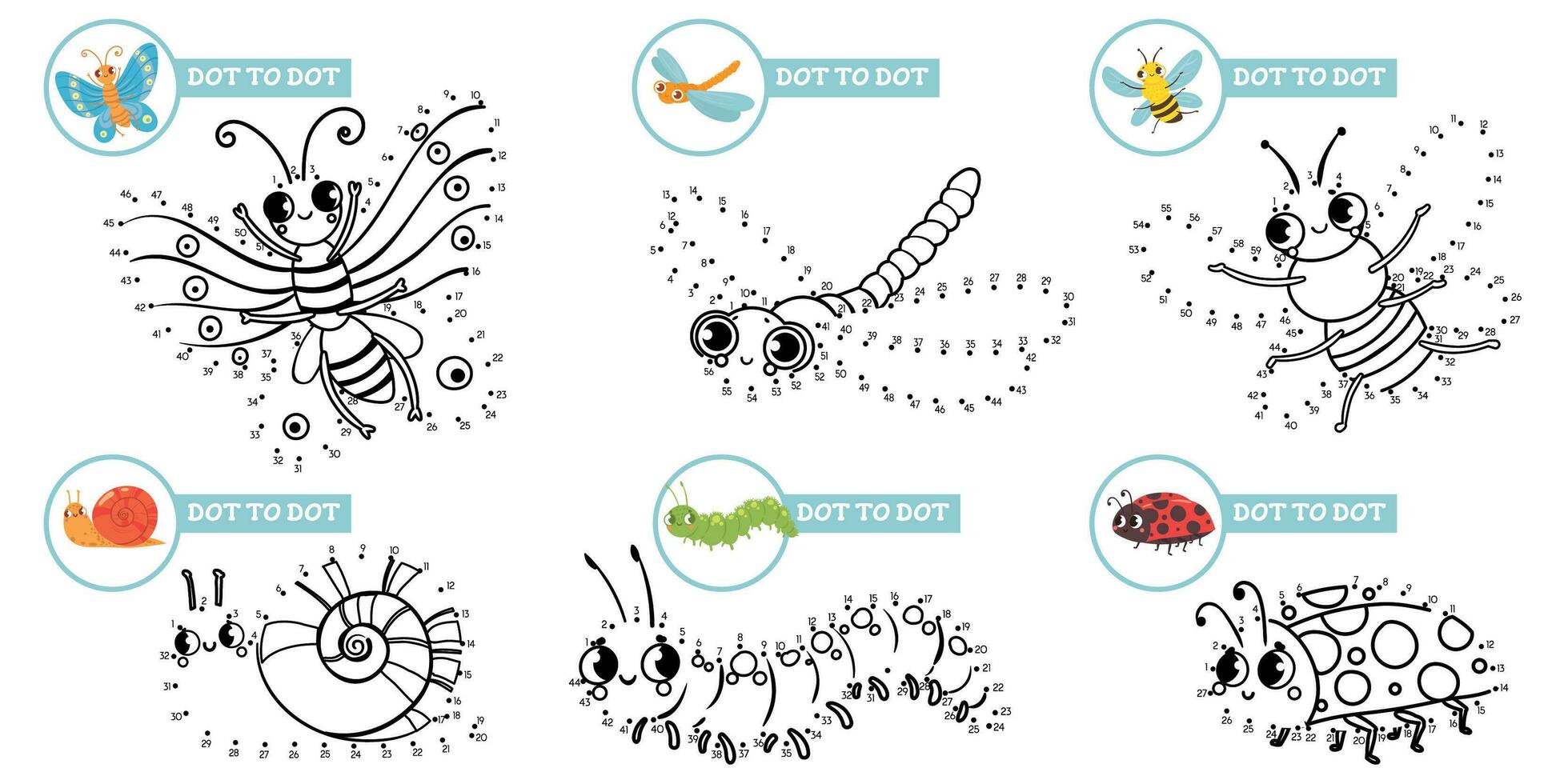 Connect dots cartoon insects game. Cute insect dot to dot education games for toddlers, play with preschool kids vector illustration set