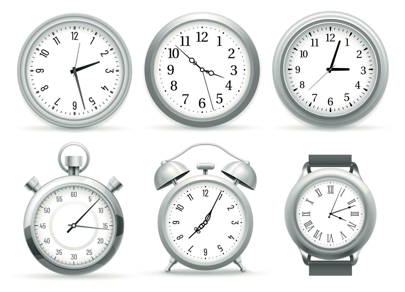 Realistic clocks. Wall round clock, alarm and wristwatches. Stopwatch timer, time watch vector 3D illustration set