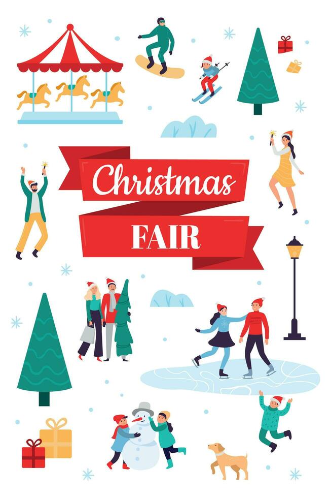 Christmas fair. Winter holiday poster, snow festival and xmas celebration vector illustration