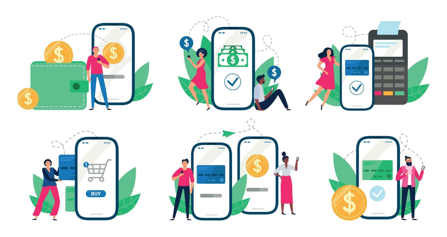 Mobile payments. People with smartphones send money transfers, POS-terminal payment and financial transactions vector illustration set