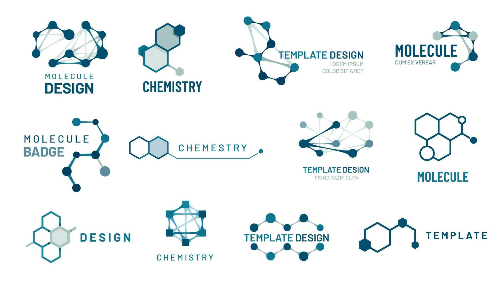 Hexagonal molecule badge. Molecular structure logo, molecular grids and chemistry hexagon molecules templates vector set