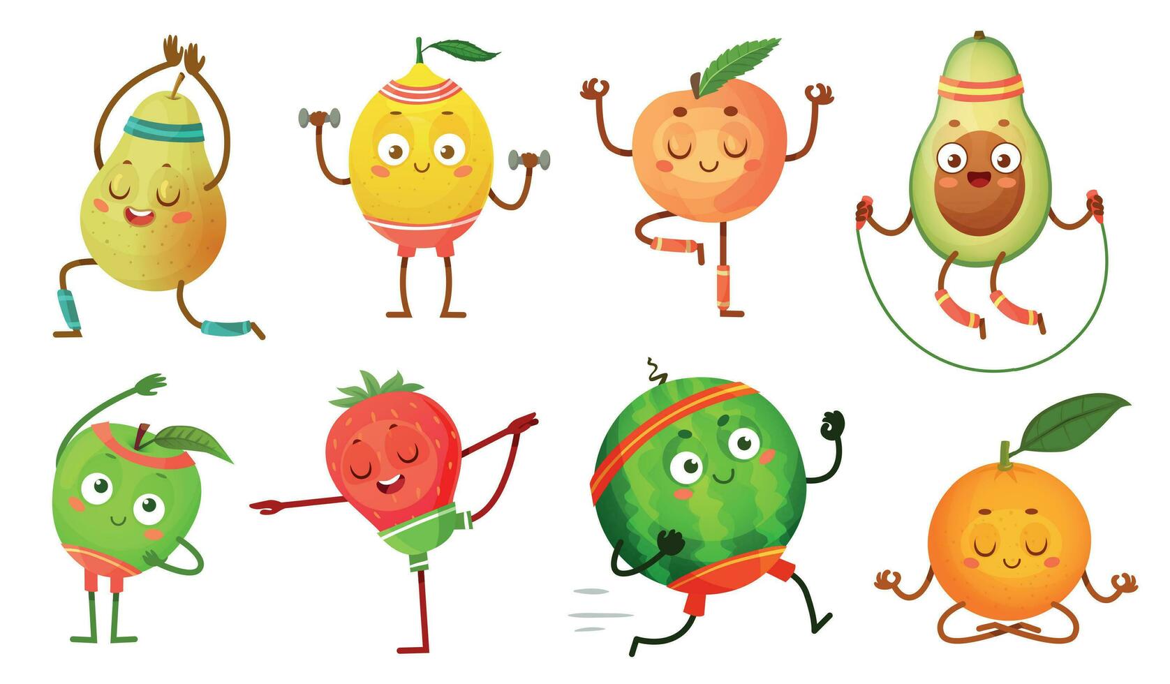 Fruit characters yoga. Fruits in fitness exercises poses, wellness food and funny sport fruit cartoon vector illustration set