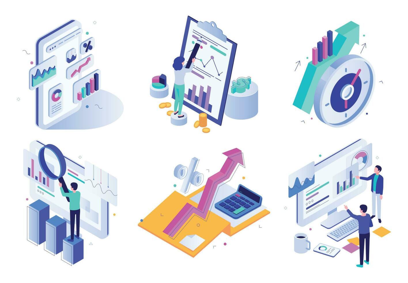 Market analytic report. Financial audit, marketing strategy review and finance business statistic isometric 3D vector illustration set