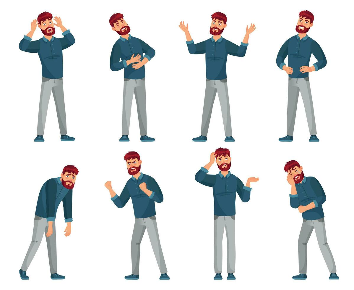 Cartoon man character. Thinking male, smiling happy men and sad man in casual clothes vector illustration set