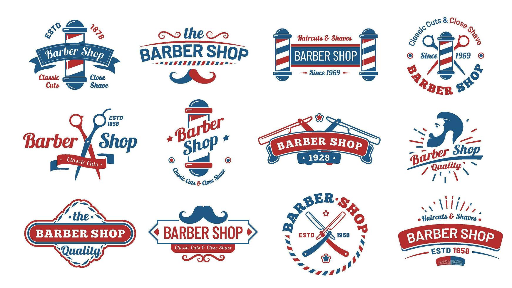 barbería insignias Clásico Barbero etiqueta, retro afeitado salón Insignia y Caballero Corte de pelo antiguo firmar vector ilustración conjunto