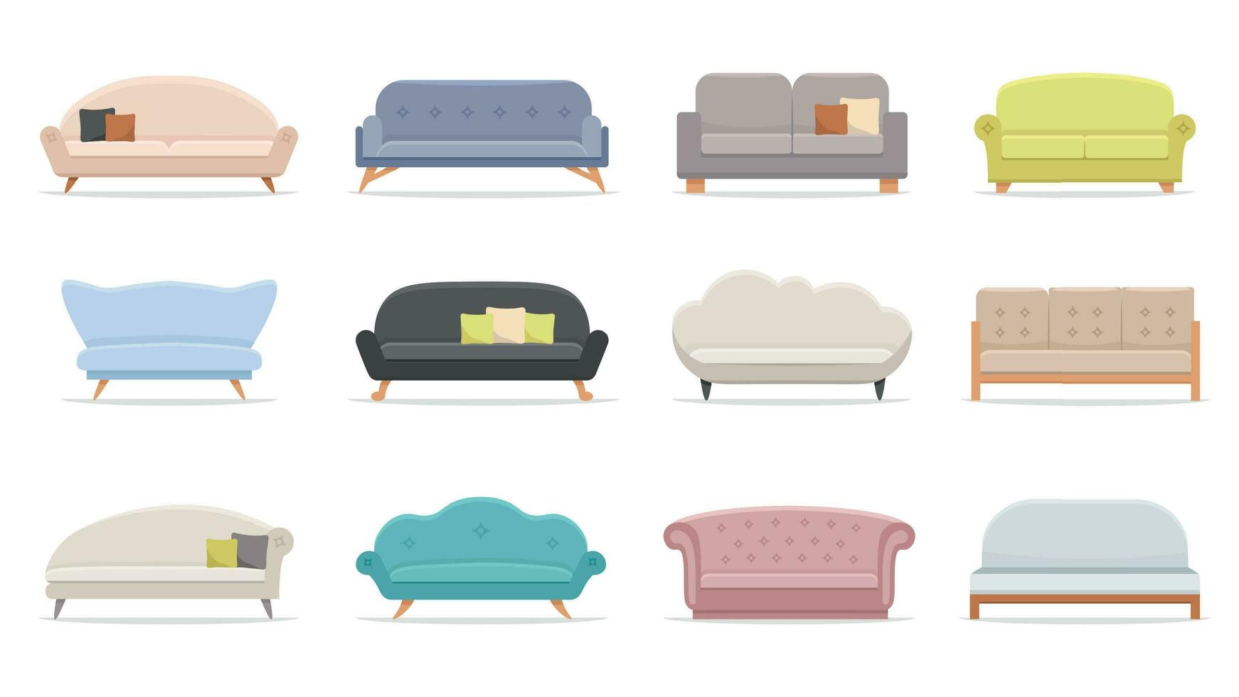 House sofa. Comfortable couch, minimalist modern sofas flat vector illustration set