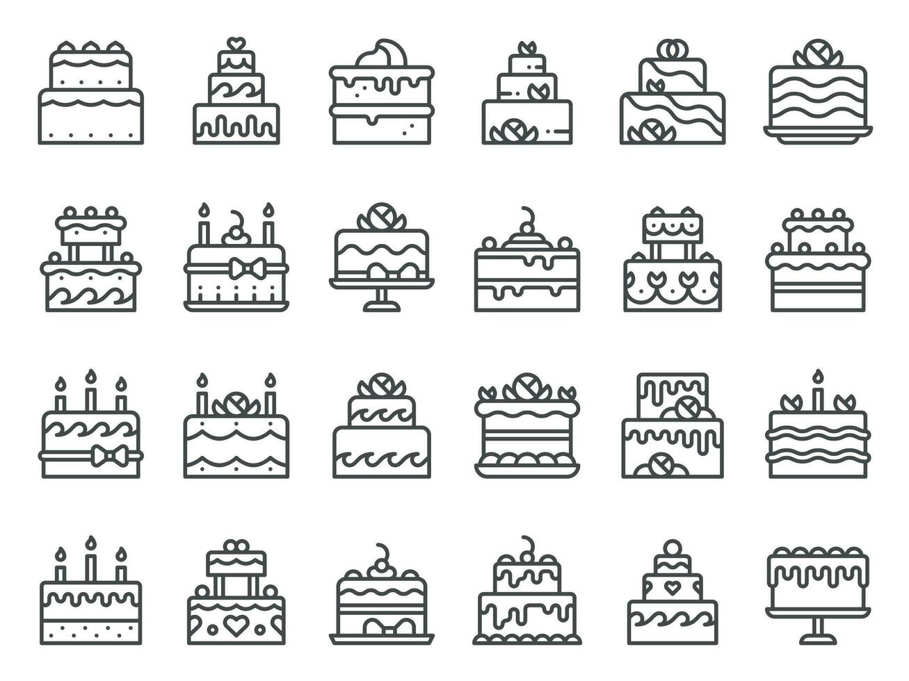 Outline cake icons. Sweet cupcake, homemade dessert with candles and bakery delicious cakes line art vector icon set
