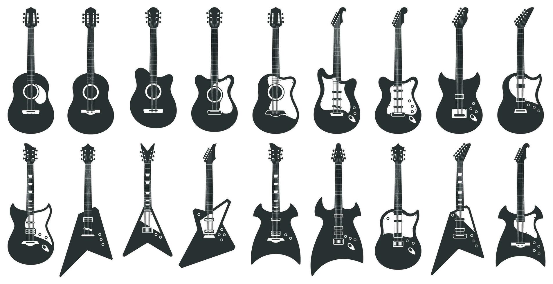 negro y blanco guitarras acústico instrumentos de cuerda música instrumentos, eléctrico rock guitarra silueta y plantilla guitarras íconos vector conjunto