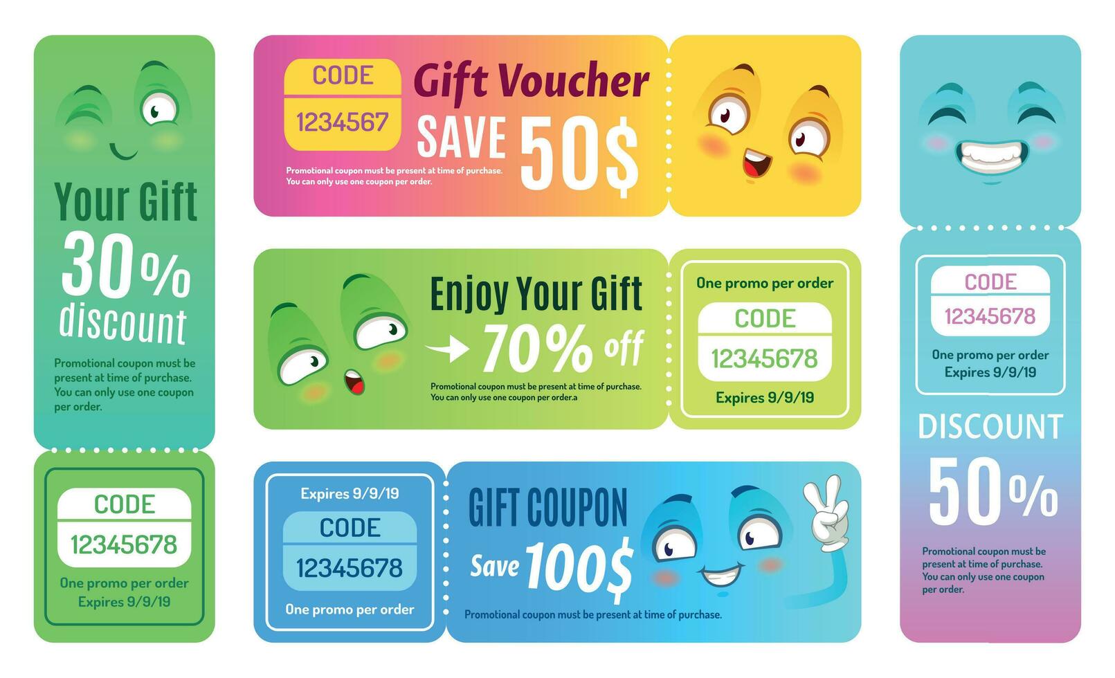 Smiling promo voucher. Happy gift coupon, funny deal vouchers and gifts code coupons template vector set