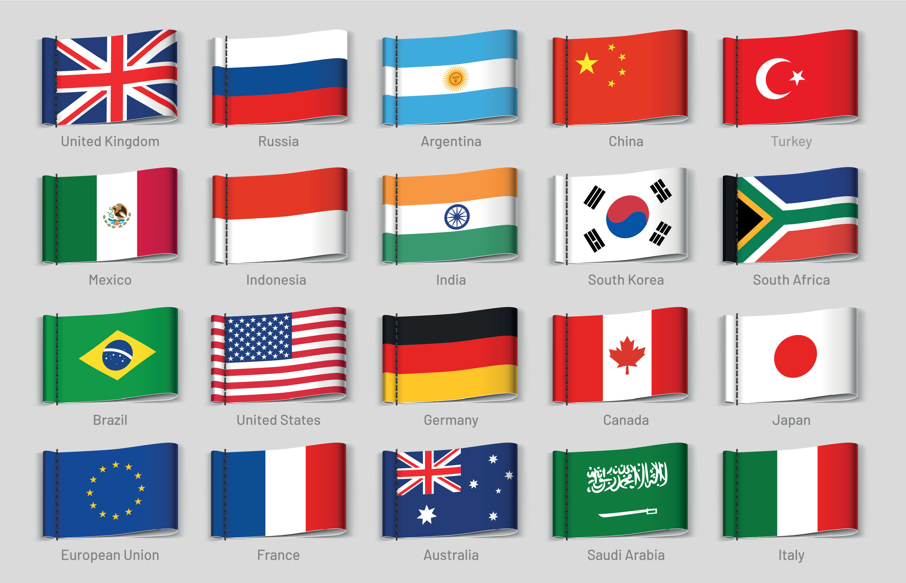National flags fabric tags. G20 countries labels, official country flag