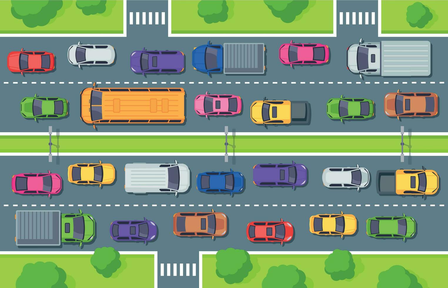 Traffic jam. Highway top view, trucks cars on road and car traffic control vector illustration