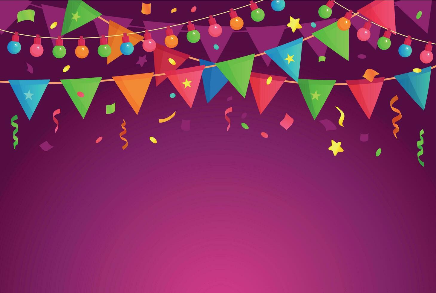 Cartoon decoration party. Celebrate birthday flags with confetti, festival background and fun event decorations vector illustration