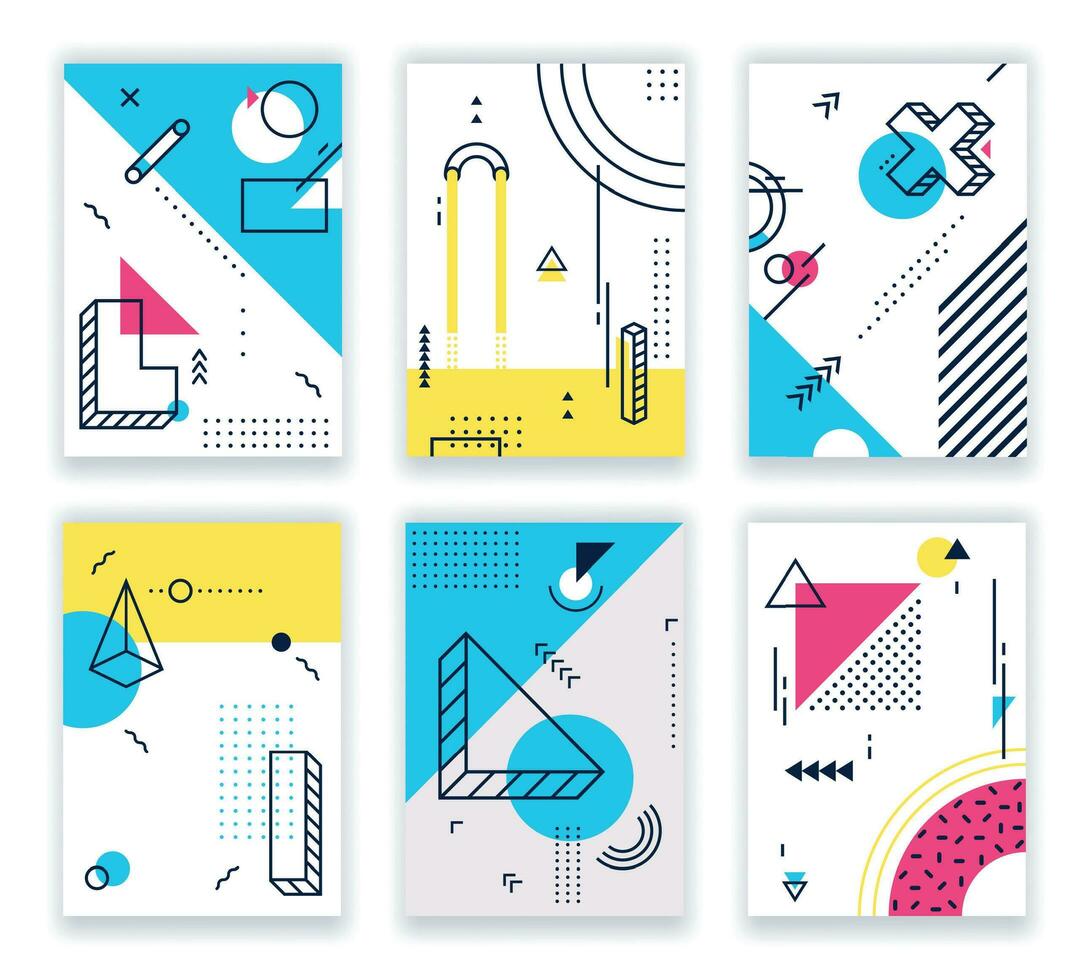 Geometric shapes posters. Abstract geometrical shapes cards, funky 80s and memphis style design background illustration vector set