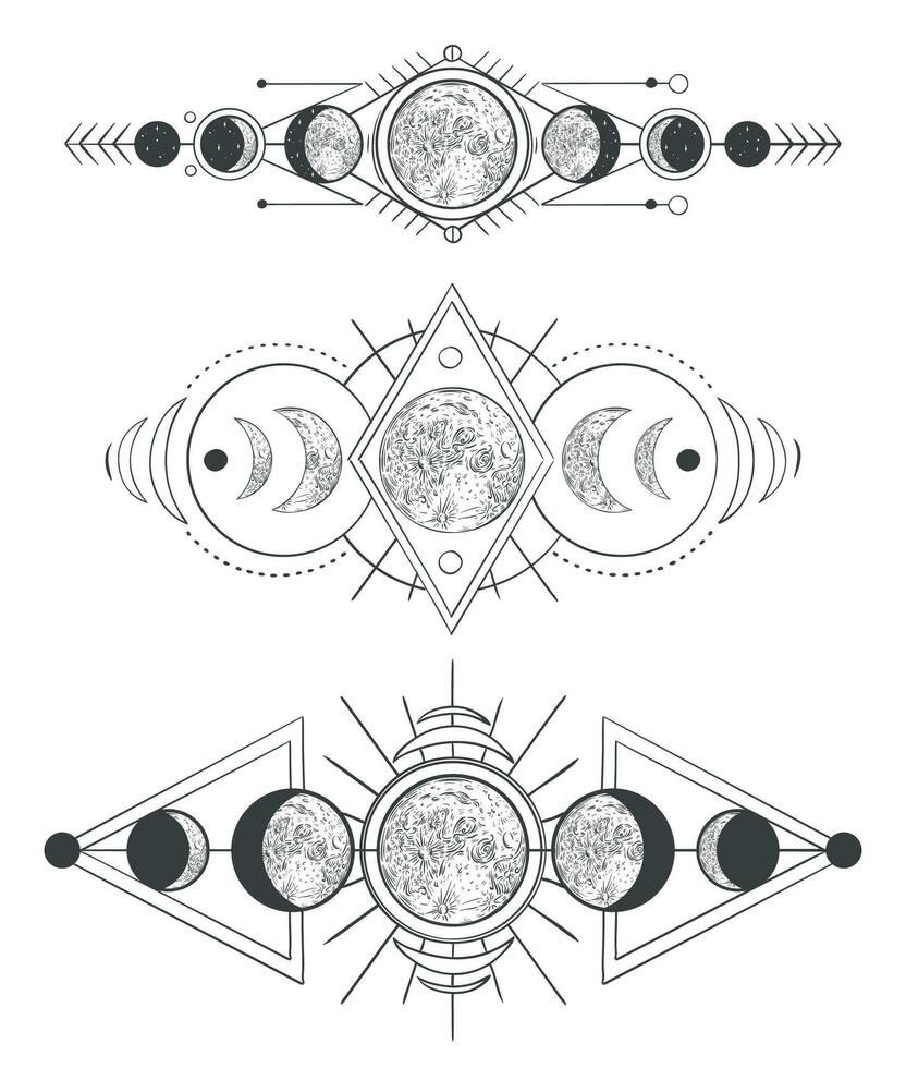 Moons phases in mystic sky. Mother moon, hand drawn pagan tattoo or sketch wicca moon goddess vector illustration set. Lunar phases monochrome drawings pack. Ancient astronomy, occult symbols