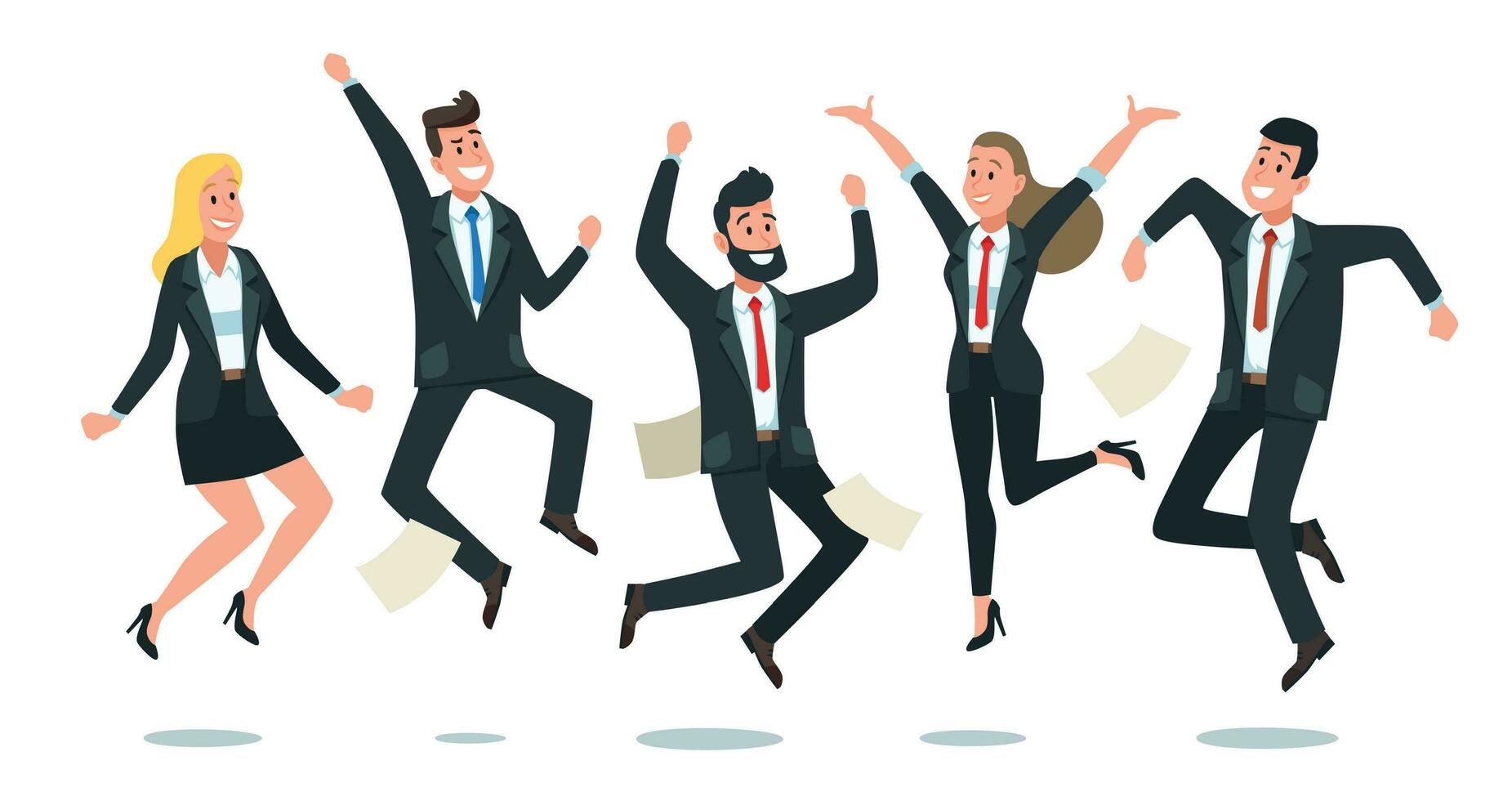 Jumping business team. Office workers jump, happy corporate colleagues jumped together and teamwork fun vector cartoon illustration
