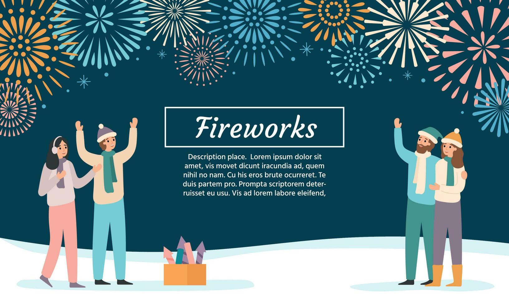Friends launching fireworks. Group of people celebrating holidays and watching firework explosions vector illustration
