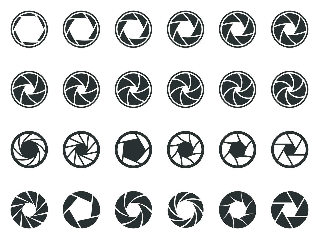 cámara lente diafragma. foto lentes abertura, cámaras obturador silueta icono y obturador aberturas pictograma vector símbolos conjunto