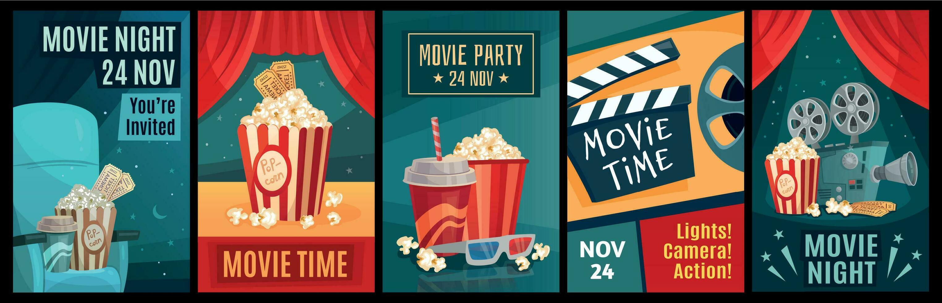 cine póster. noche película películas, palomitas de maiz y retro película carteles modelo vector ilustración conjunto