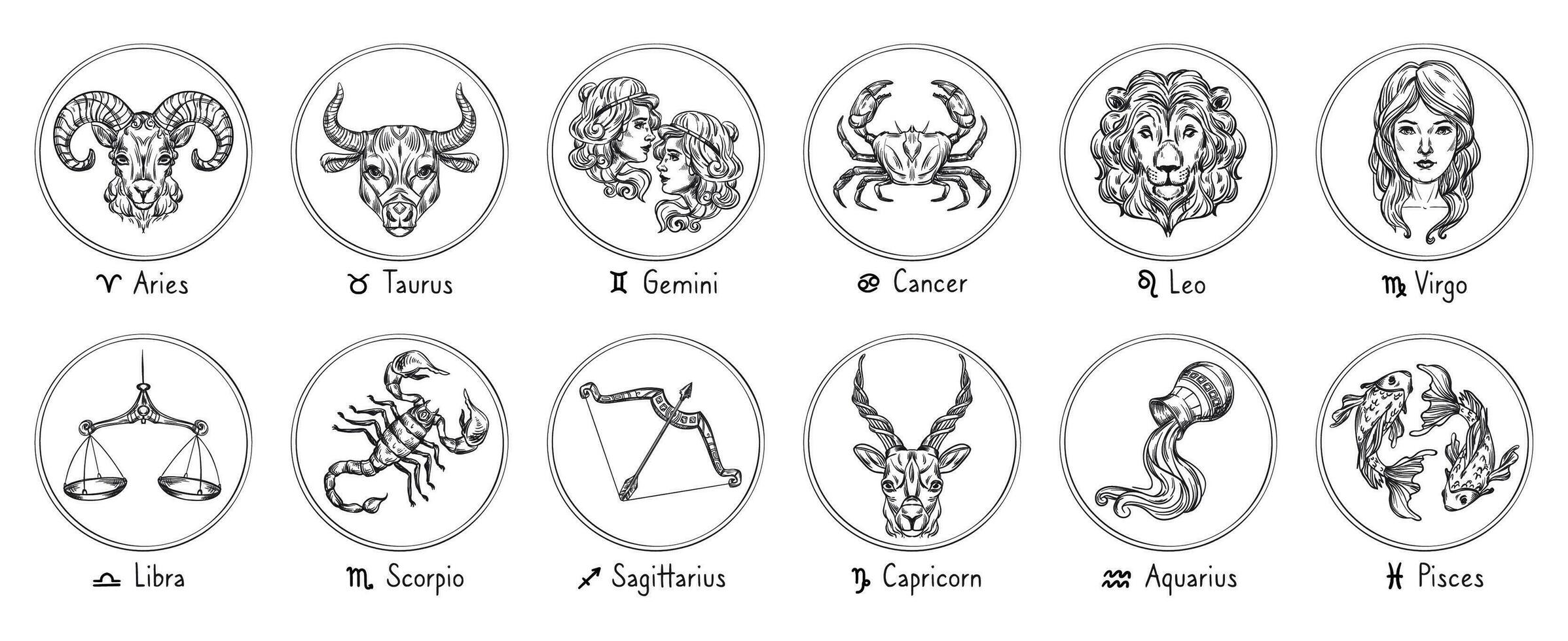 Zodiac signs. Sketch Cancer, Scorpio and Pisces. Hand drawn Taurus, Virgo and Capricorn. Aries, Leo and Sagittarius. Gemini, Libra and Aquarius horoscope vector illustrations