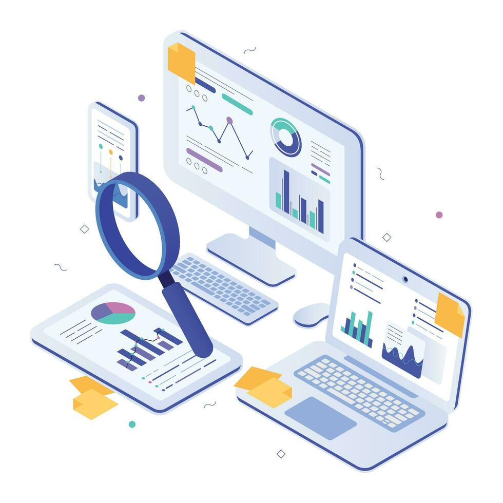 Online financial audit. Isometric website metrics, statistical graphs dashboards and web seo research vector illustration