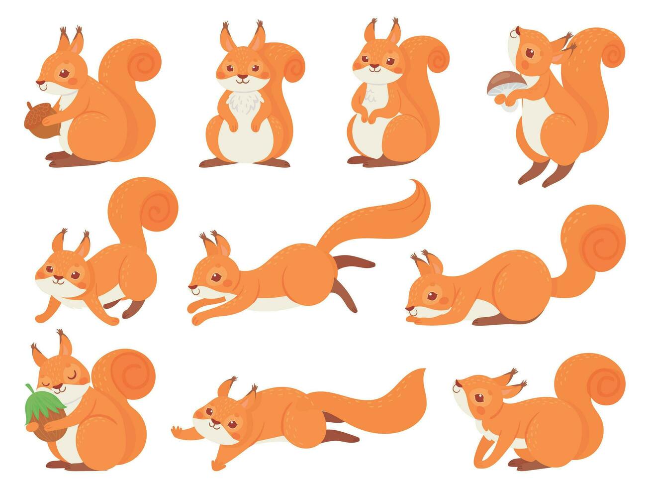 Cartoon squirrel. Cute squirrels with red furry tail, mammals animals and brown fur squirrel vector set. Adorable forest fauna, funny wildlife stickers collection. Playful cub illustrations pack
