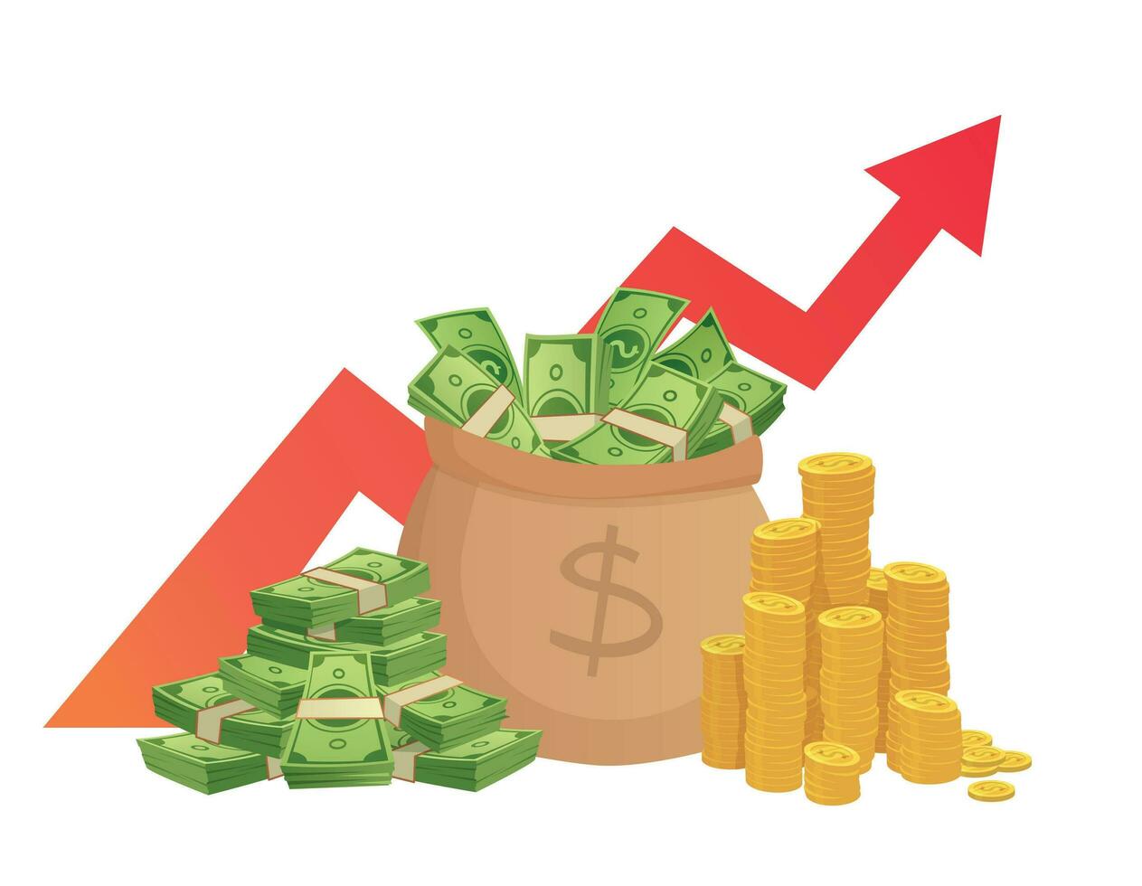 Cartoon savings value growth. Money profit increase, profitable investments chart with red graph arrow and cash pile vector illustration
