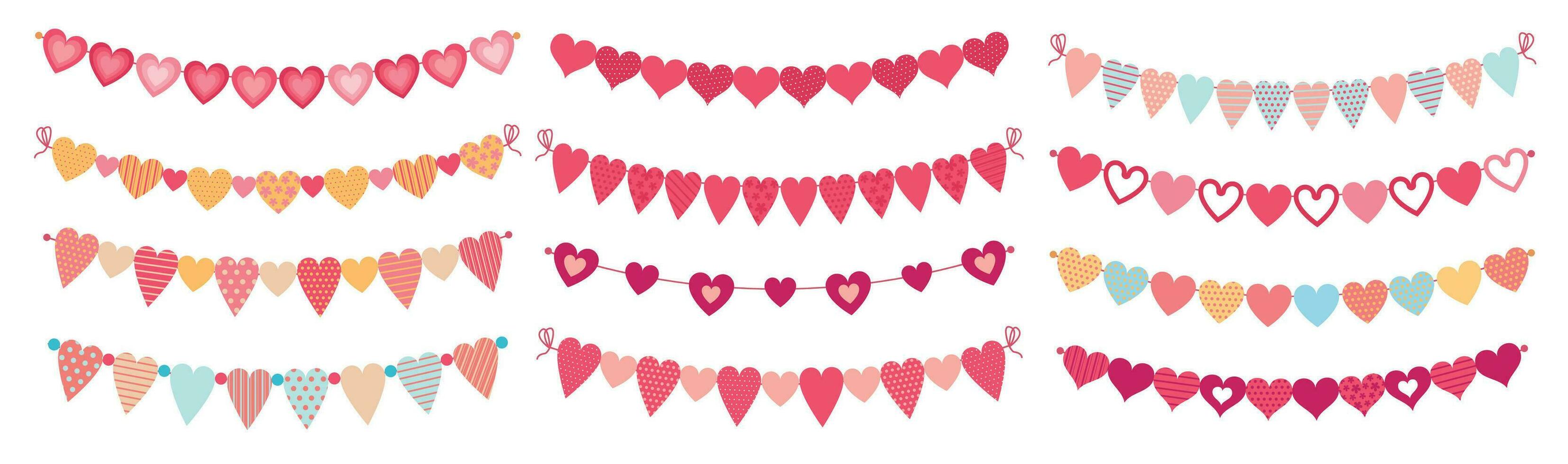 Bunting hearts. Love valentines heart shapes buntings, wedding day decorations and ornament cute heart flags vector set