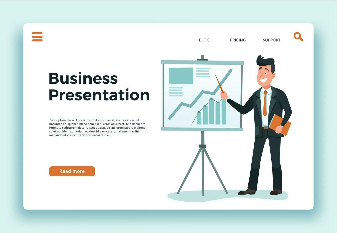 Business presentation. Presenter businessman, growing schedule chart and happy worker landing page cartoon vector illustration