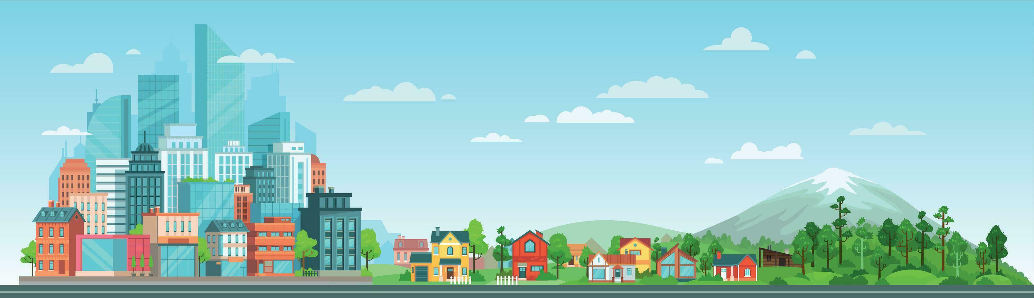 Urban and nature landscape. Modern city buildings, suburban houses and wild forest vector illustration. Contemporary metropolis with skyscrapers, suburbs with cottages and woods composition