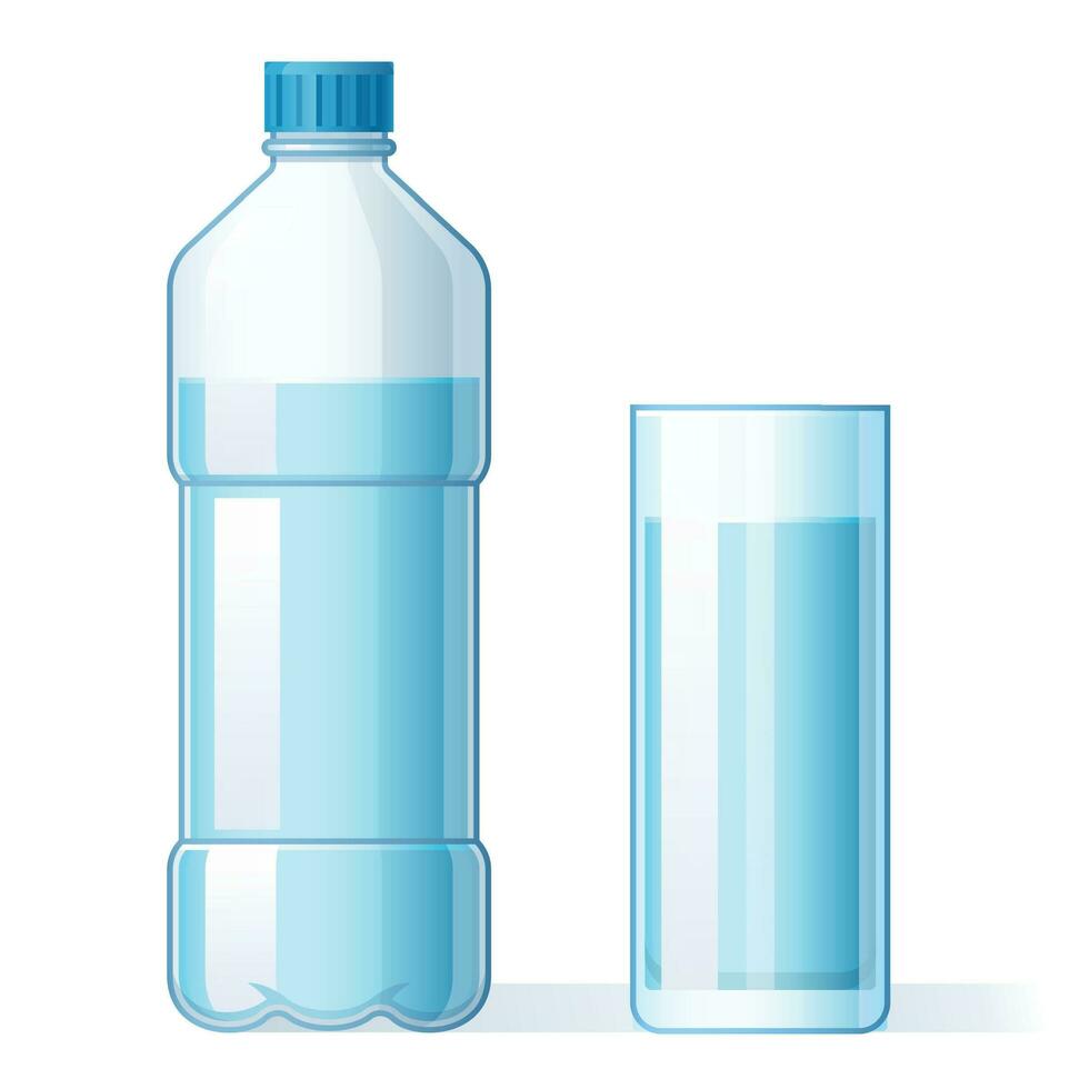 Glass of water and plastic bottle. Hydration, bottles for pure liquid and bottled mineral water drink cartoon vector illustration