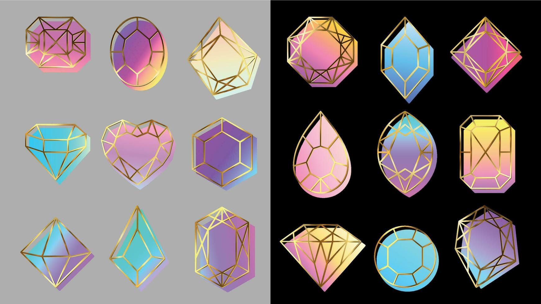 gemas con gradientes joyería piedra, resumen vistoso geométrico formas y de moda hipster diamante vector símbolos conjunto