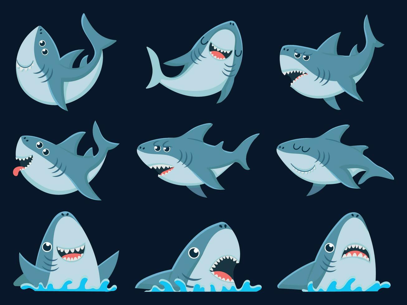 Oceano tiburón mascota. de miedo tiburones animales, sonriente mandíbulas y nadando tiburón dibujos animados vector ilustración conjunto