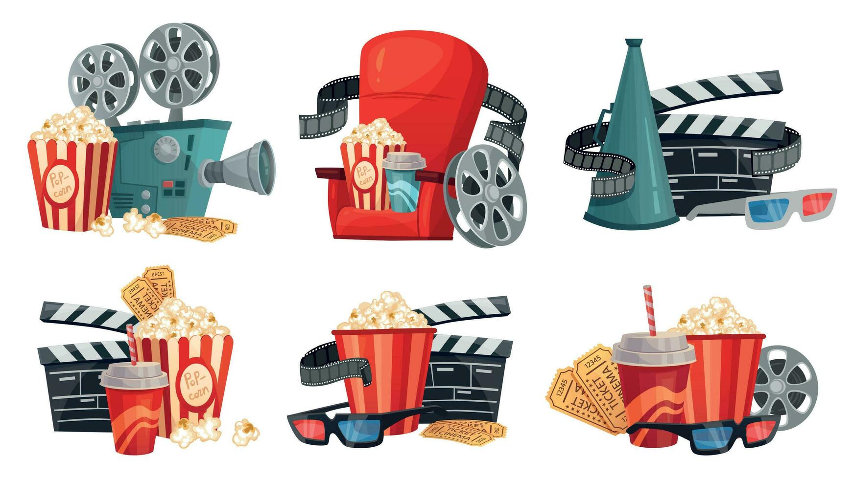 Cartoon cinema. Movie projector, 3d cinema glasses and vintage film camera illustration vector set
