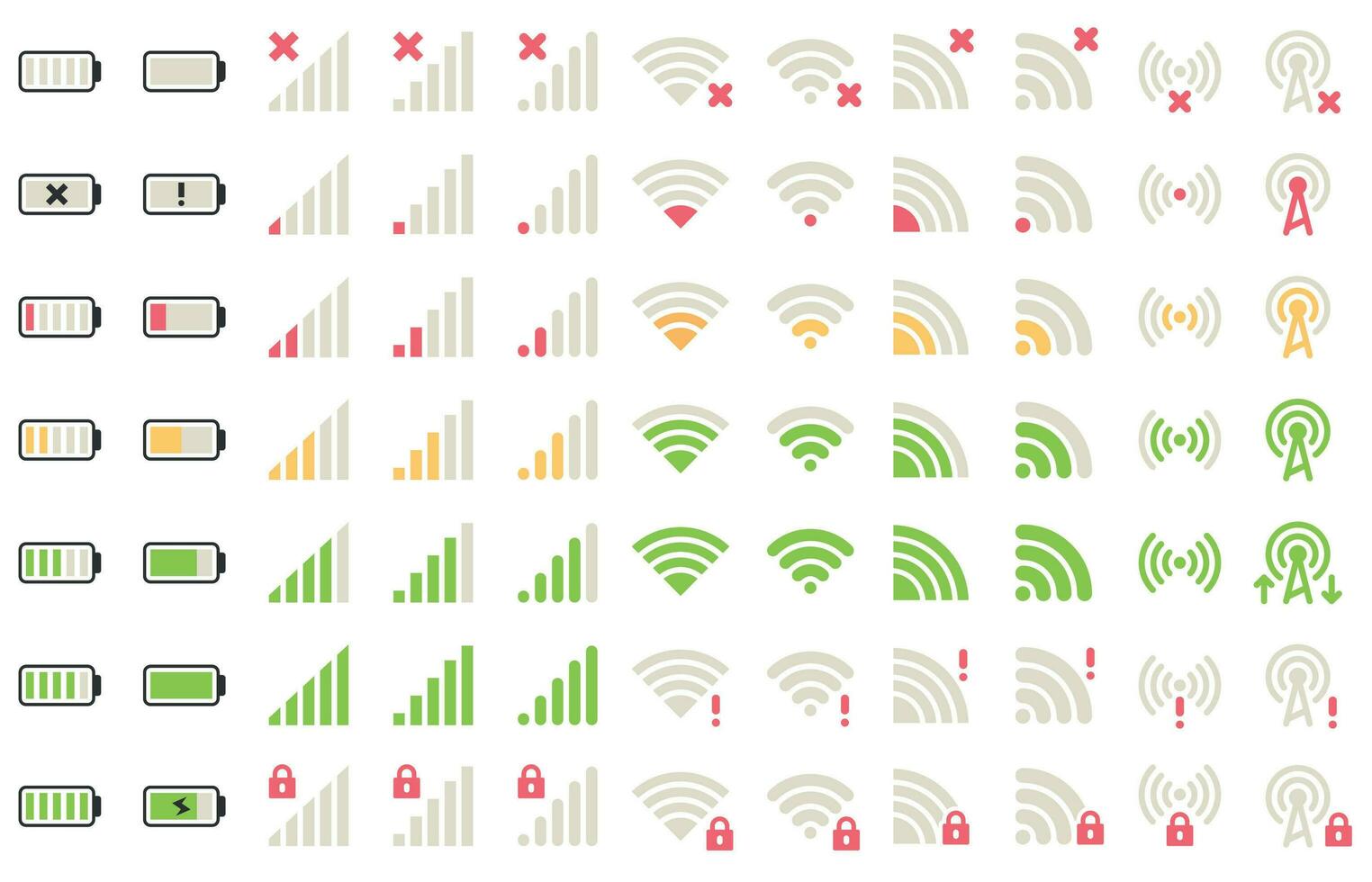 móvil nivel iconos red señal, Wifi conexión y batería niveles icono. artilugio baterias, teléfono señales pictograma vector conjunto