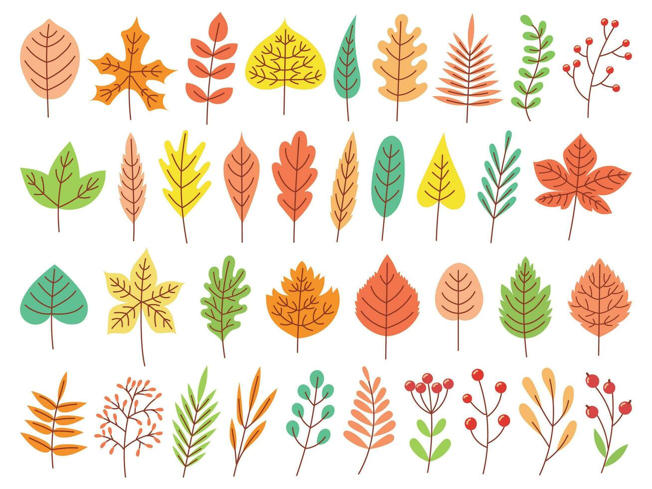 otoño hojas. amarillo otoñal jardín hoja, rojo otoño hoja y caído seco hojas plano vector conjunto