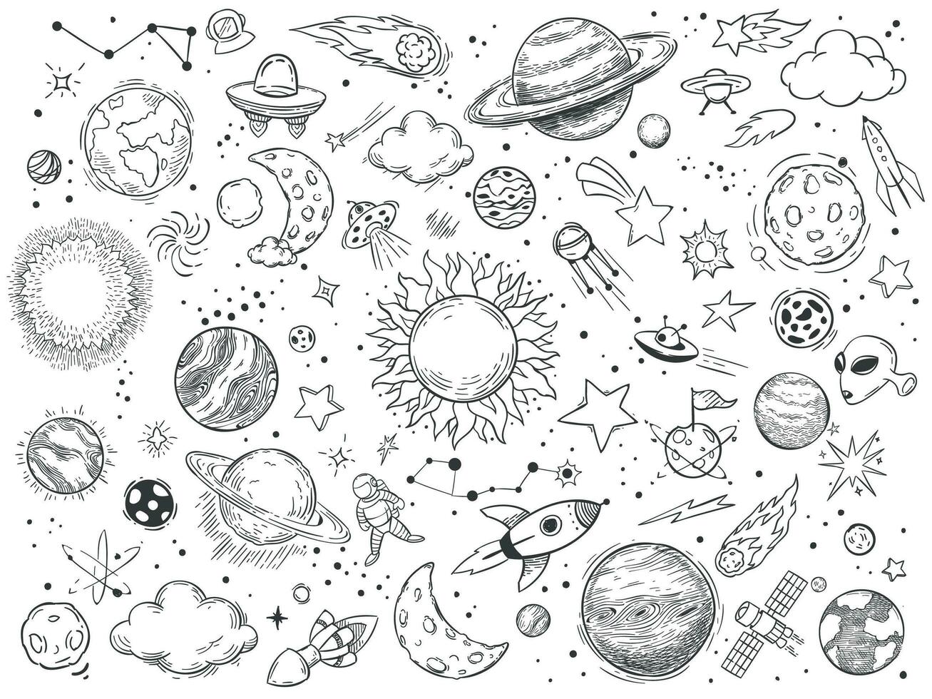 espacio garabatear. astrología garabatos, bosquejo espacio universo planetas y mano dibujado cósmico cohete vector ilustración colocar. negro y blanco celestial cuerpos, naves espaciales y astronomía símbolos dibujos