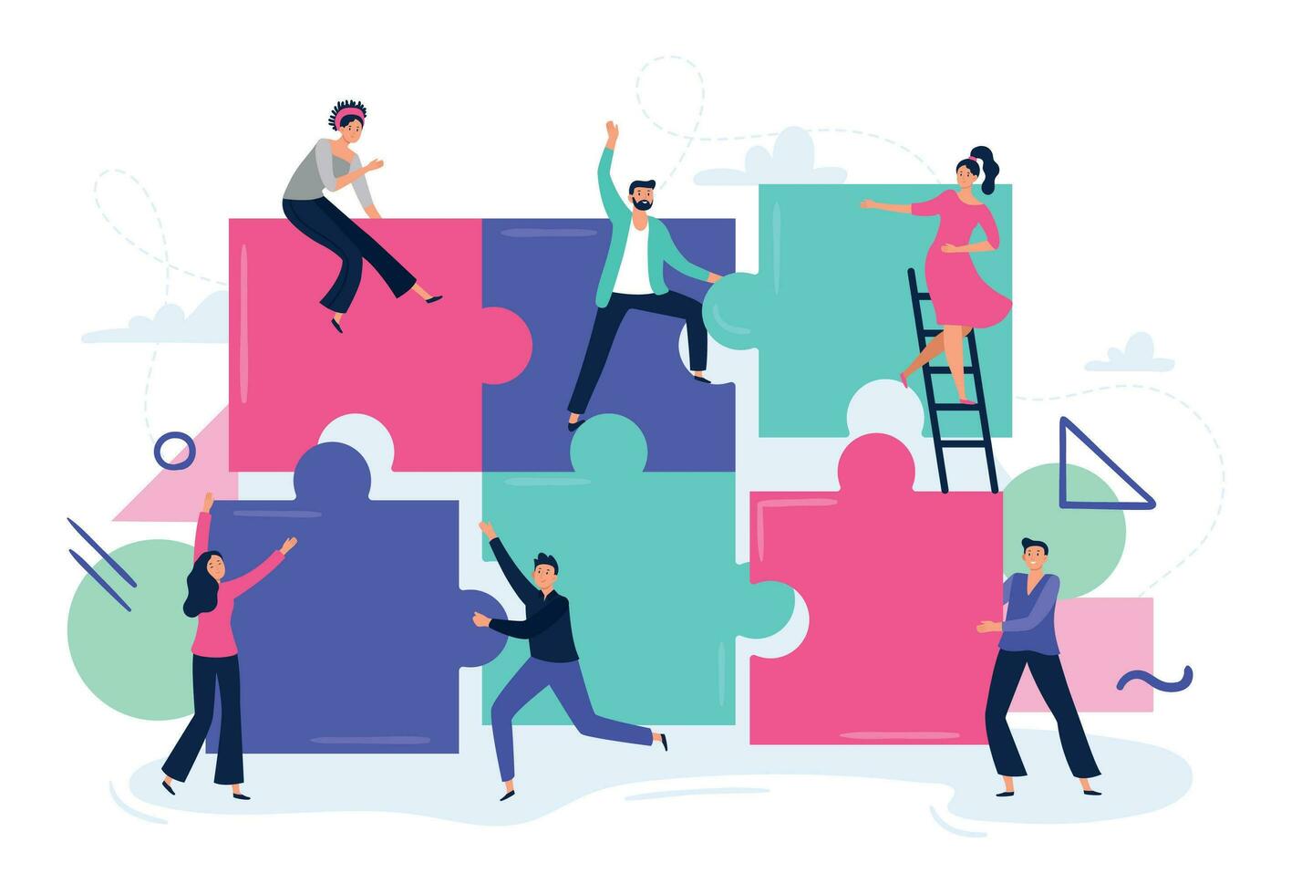 Puzzle teamwork. People work together and connect puzzle pieces, business office workers team cooperation flat vector illustration