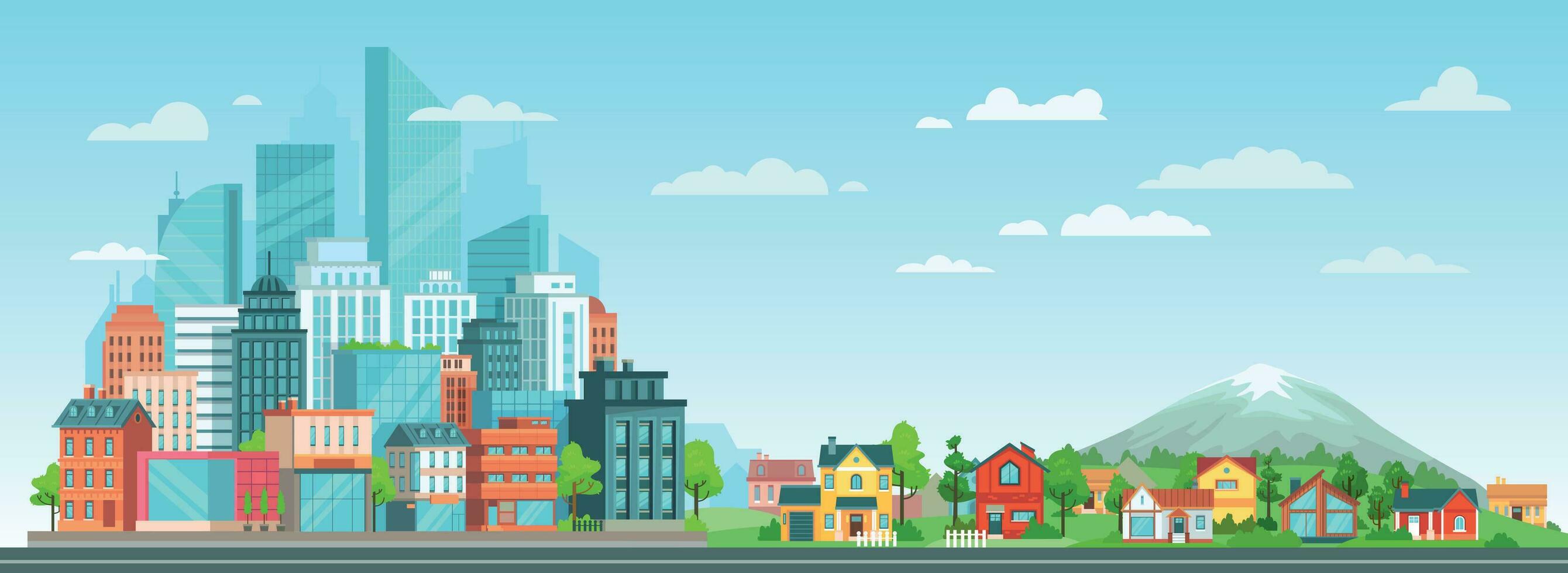 Suburban and urban cityscape. Modern city architecture, suburban or village houses and summer landscape vector illustration. Metropolis skyline and suburbs. Business center and countryside panorama