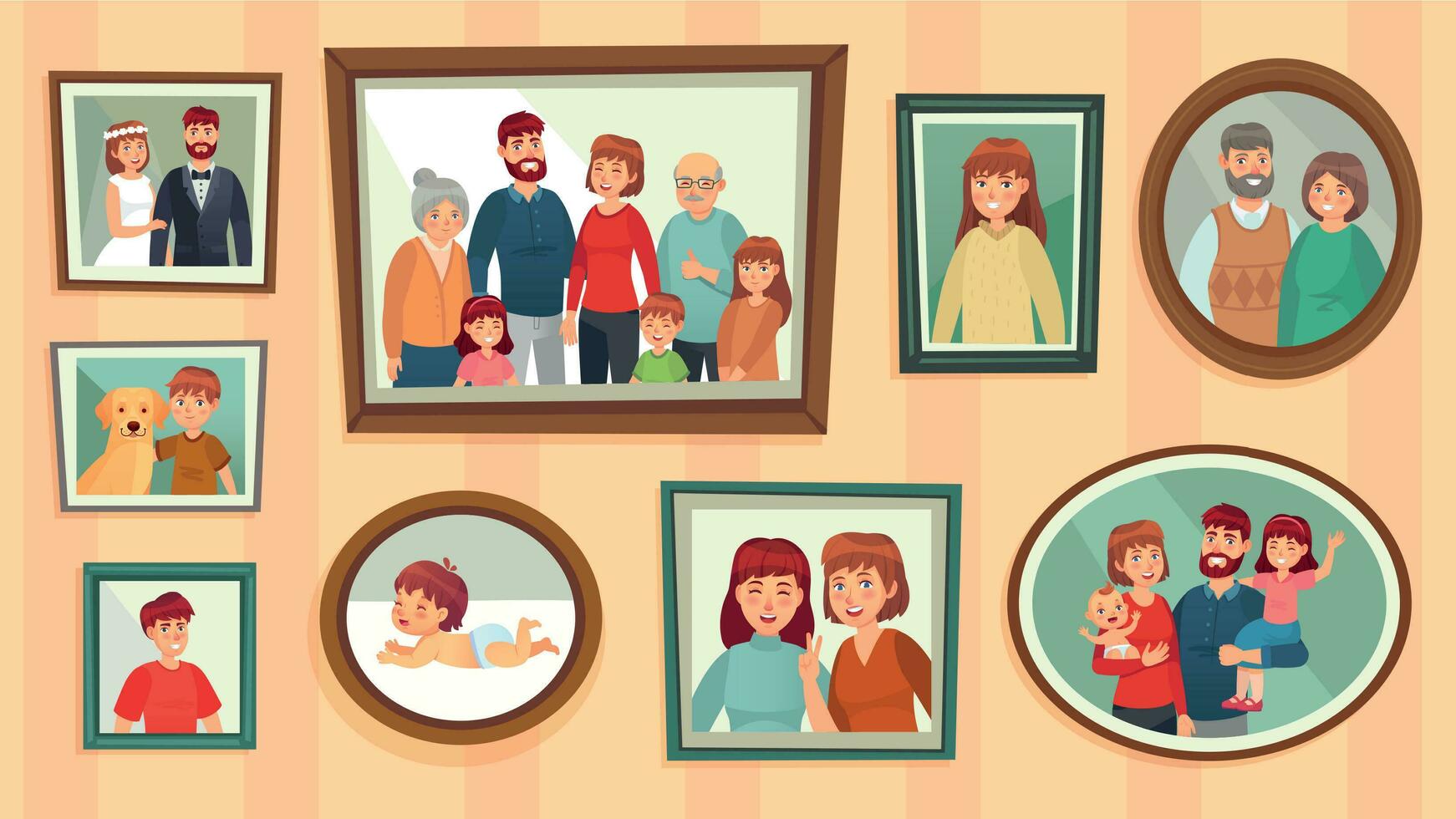 Cartoon family photo frames. Happy people portraits in wall picture frames, family portrait photos vector illustration