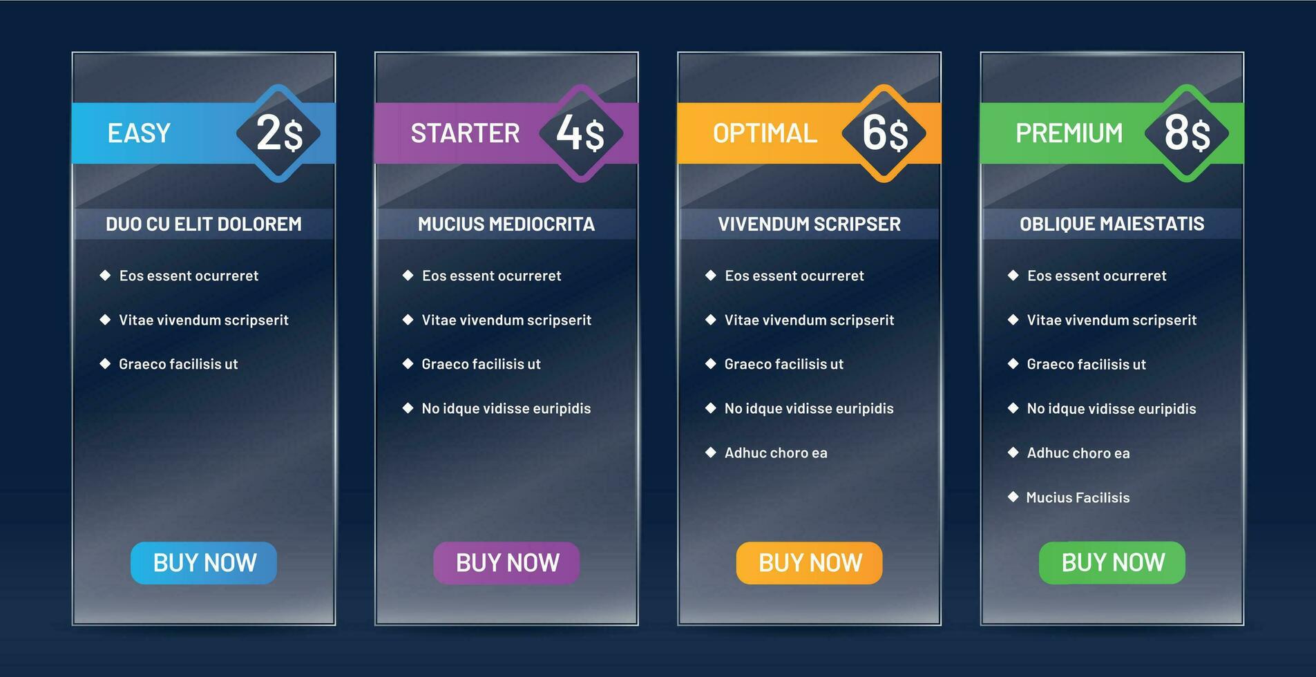 Glassy tariff plans comparison. Tariffs price list, buy banners and website pricing chart transparent glass vector set