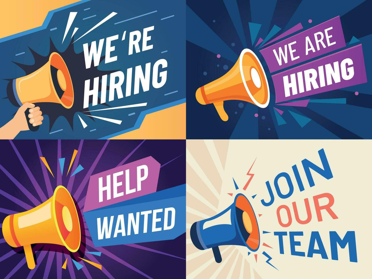 Now hiring banner. We are hiring, join our team and vacancy announcement flyer template vector set