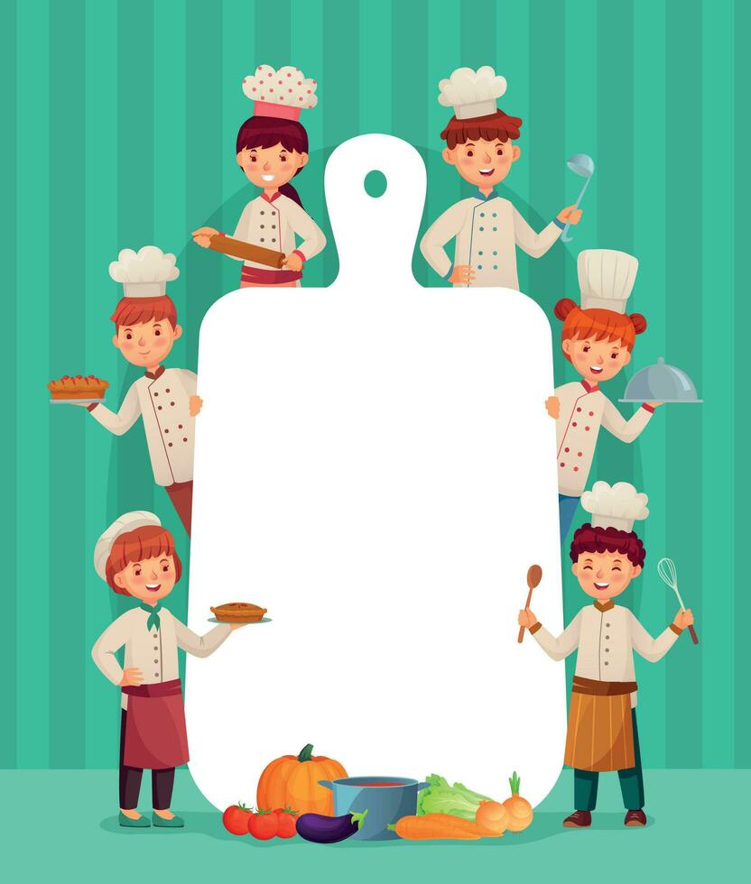Kids menu frame. Children chefs cook with cutting board, restaurant chef and chopping food cartoon vector illustration