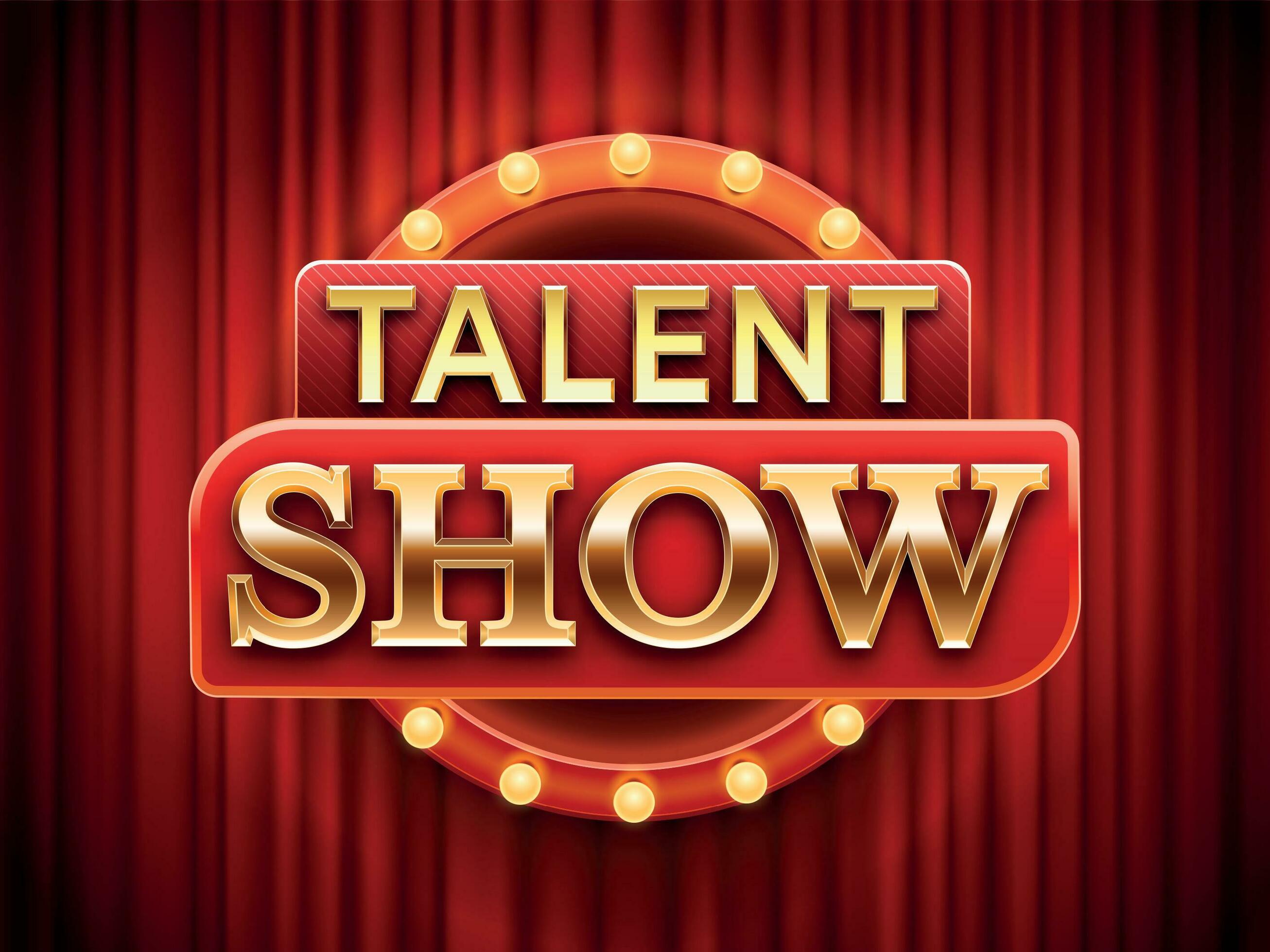 Talent show sign. Talented stage banner, snows scene red curtains and event invitation poster
